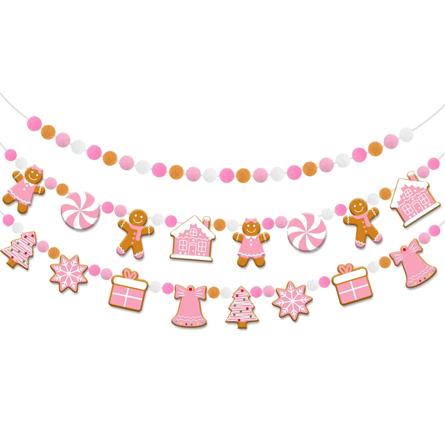 Doumeny 3Pcs Pink Christmas Felt Ball Banner Xmas Gingerbread Man Candy House Garland Bunting Xmas Tree Snowflake Bunting Garland Christmas Pom Pom Banner for Winter Party Holiday Mantel Home Decor