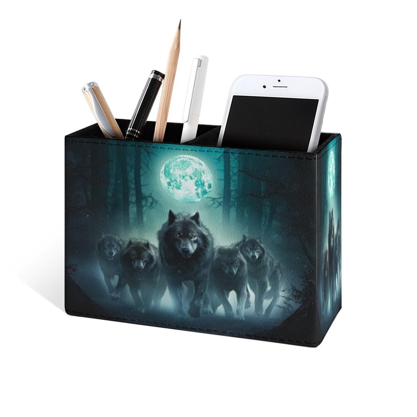 Famame Wolf Night Moon Pencil Holder for Desk, Leather Desktop Container Pen Cup Storage Study Table Pen Organizer Makeup Brush Holder for Classroom Office Home