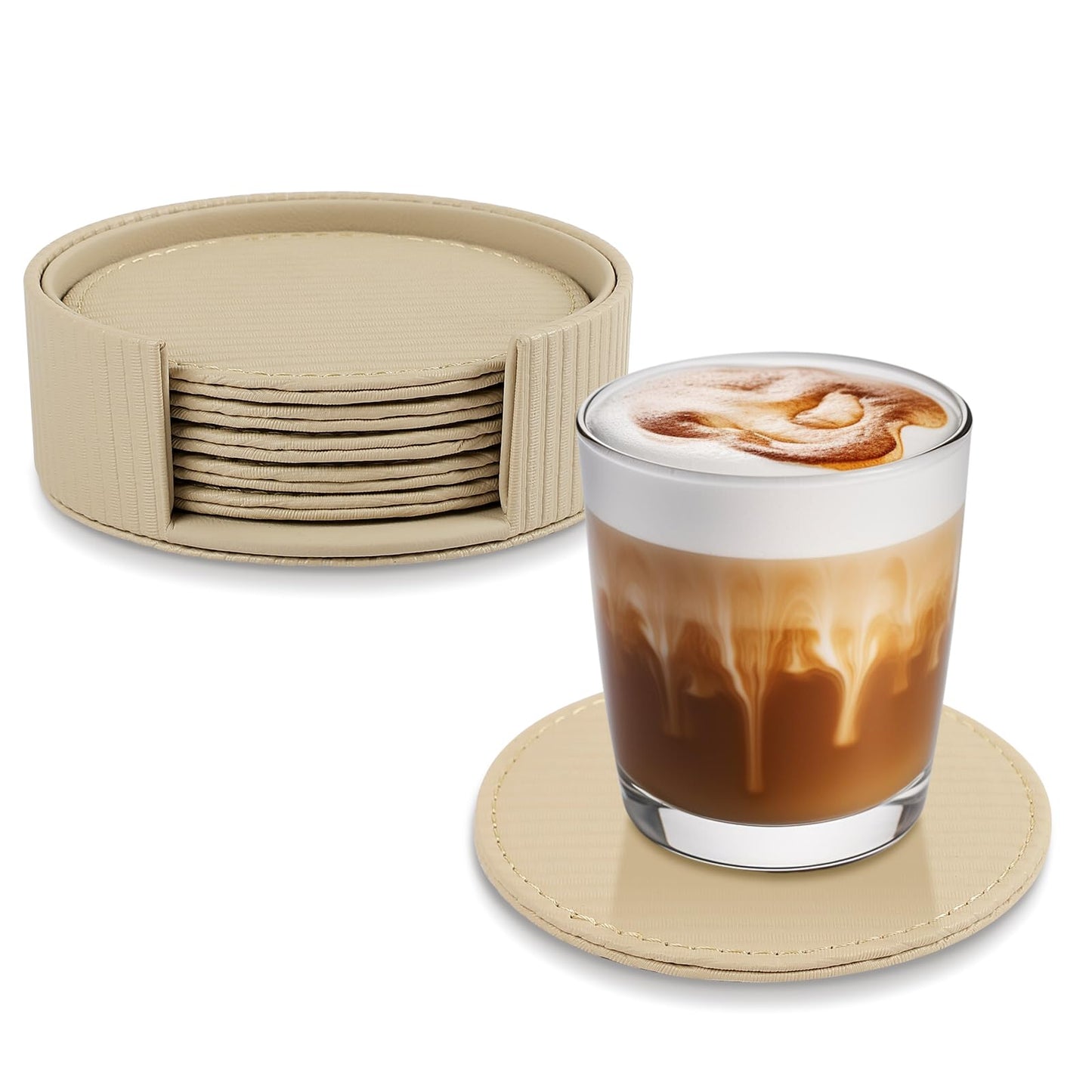 Leather Coasters Set of 6 with Holder, Tabletop Protection, Coffee Table & Bar Decoration, Modern-Style Drink Coasters Suitable for Home Dining Tables & Kitchen Accessories (Beige Stripe)