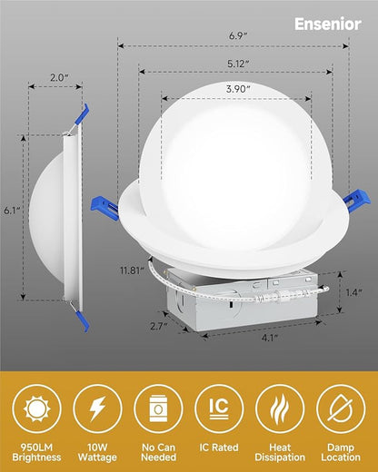 Ensenior 6 Pack 6 inch LED Eyeball Recessed Lighting, 360°+90° Rotatable and 2700K-5000K Selectable, Dimmable Gimbal Recessed Lights, Canless Angled Adjustable Ceiling Downlight, 1300LM, 13W=115W-FCC