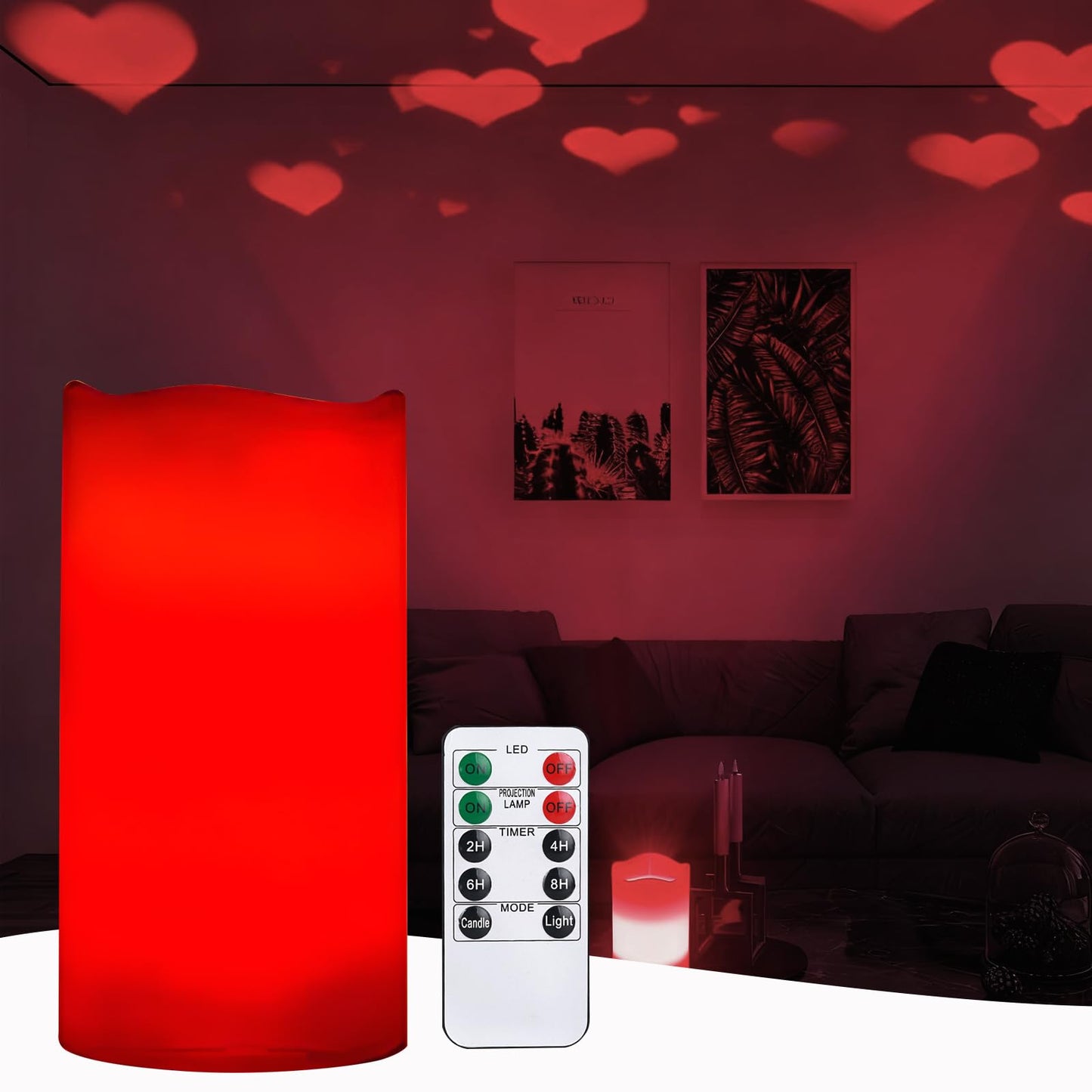 AVEKI Heart Flameless Candles Projector, Valentine's Day LED Pillar Candles with Remote and Timer, Battery Operated Romantic Projection Light for Wedding Holiday Home Decor, Gifts for Women (Love-Red)