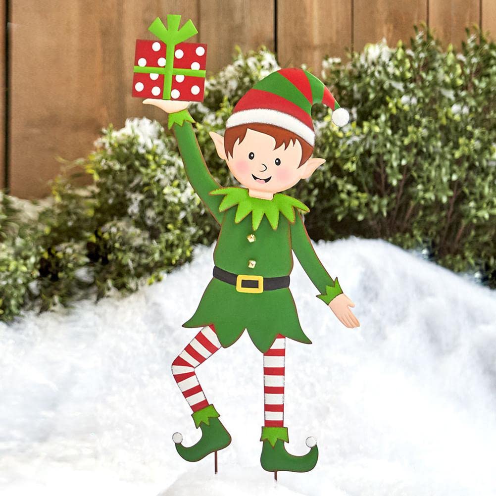 shenruifa Christmas Elf Garden Stake, Metal Gnome Yard Stake Wrought Iron Elf Ornament Yard Signs Decor Outdoor Holiday Decoration (a)