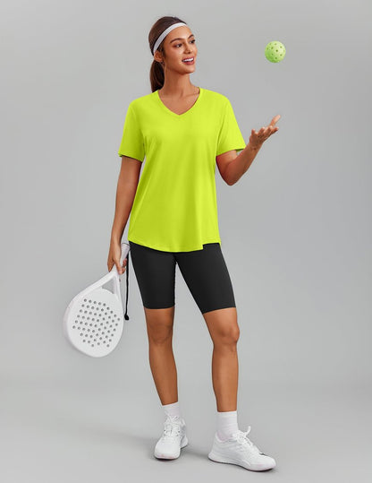 PINSPARK Tennis Shirts for Women Short Sleeve V Neck Moisture Wicking Workout Tops Quick Dry Athletic Gym Golf T-Shirts,Neon Green Large