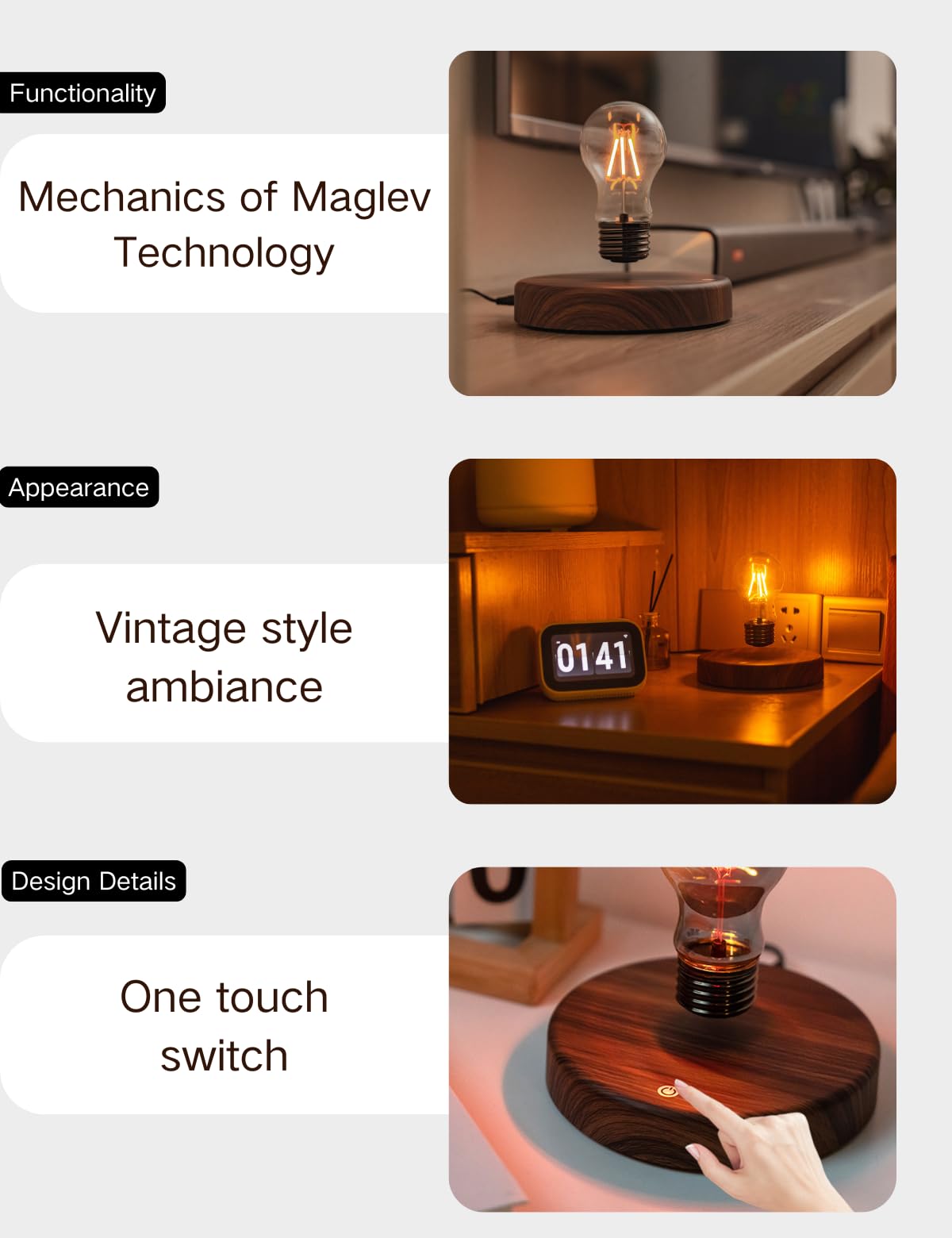 MOOCCI Levitating Bulb Lamp, Magnetic Floating Night Light & Desk Decor, Unique Valentine‘s Day Gift for Her and Him, Cool Tech Gadget for Home Office, Christmas Birthday Present (Round-Classic Bulb)