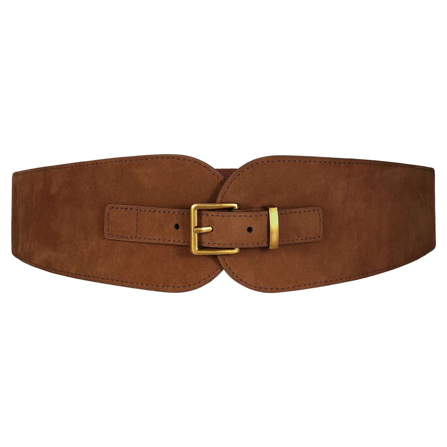 VONMELLI Women's Wide Elastic Belt Dark Brown Suede Stretchy Belt for Dress Suits with Vintage Gold Buckle, M