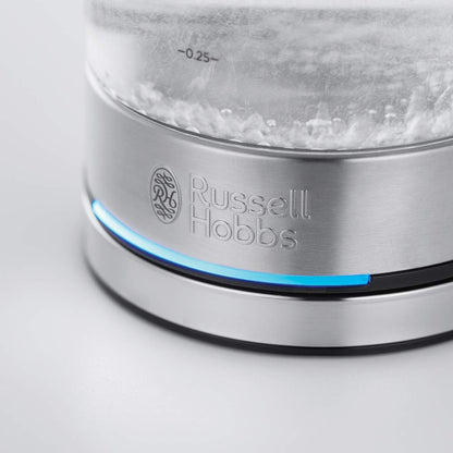 Russell Hobbs Kettle Glass & Stainless Steel Small [0.8 L] Compact (2200 W, Blue LED Lighting, Removable Limescale Filter, Small Travel Kettle) Tea Maker 24190-70