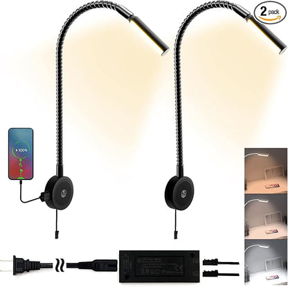 VST Books Lights for Headboard, Bedside Wall Mounted Reading Lamp, Reading Light Touch to Adjust Color Temp (3000K/4000K/6000K) and Brightness, USB/Type-C Charging Ports, 20W Driver, ETL-Listed