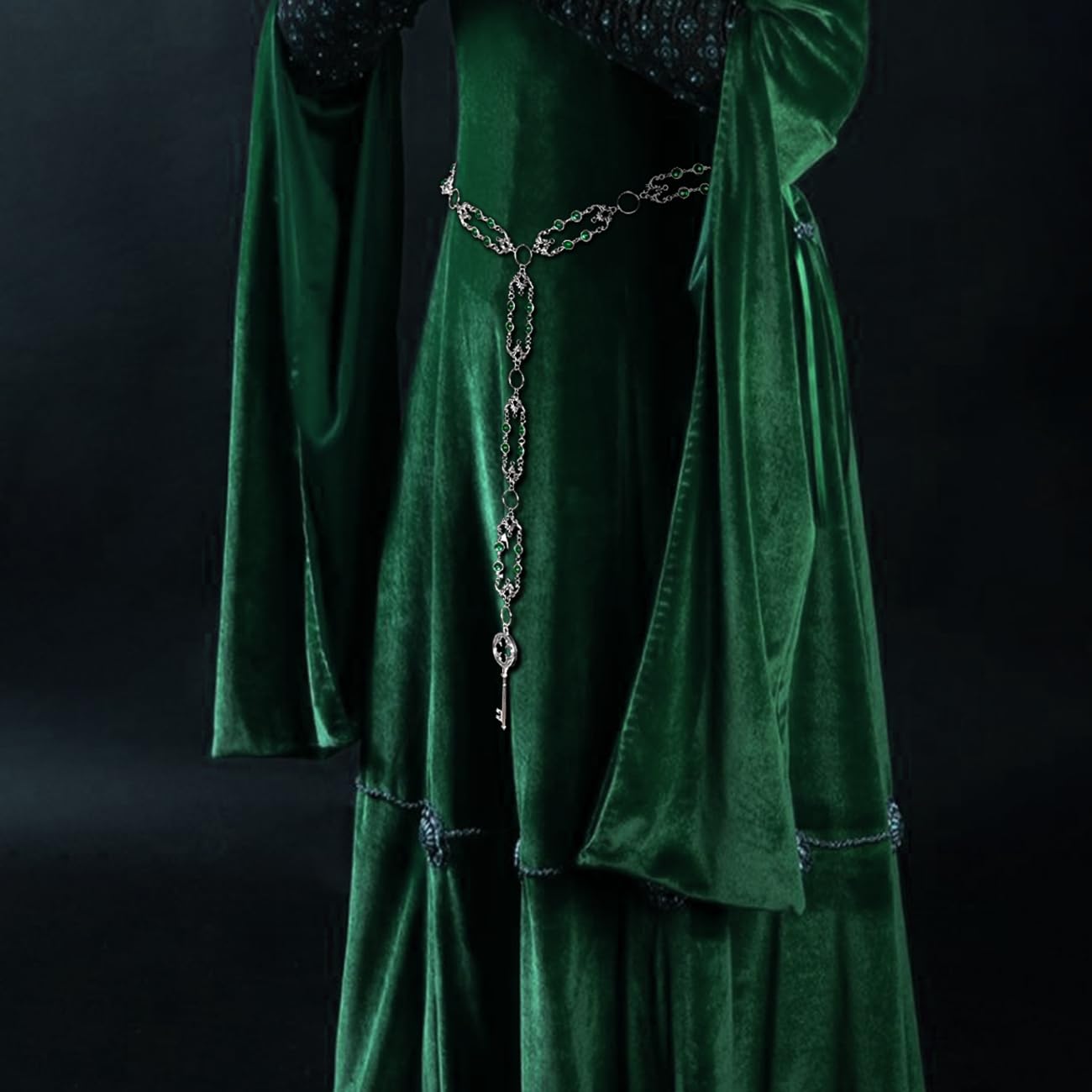 L'VOW Women Renaissance Belt Viking Witch Belt Green Waist Metal Chain Belt for Medieval Dresses