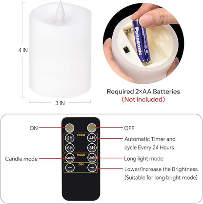 3x4 Flickering Flameless Candles Set of 1,Real Wax Pillar LED Battery Candles,with Timer,4 inch Flameless Candles with Remote,for Holiday Home Decor,White