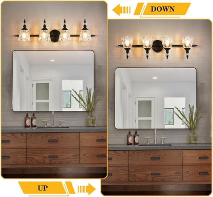 Bathroom Vanity Light, Matte Black 4 Light Vanity Lighting Fixtures, Antique Vanity Light with Flower Glass Shade, Bathroom Lighting Fixture Over Mirror, Sconces Wall Lighting for Hallway
