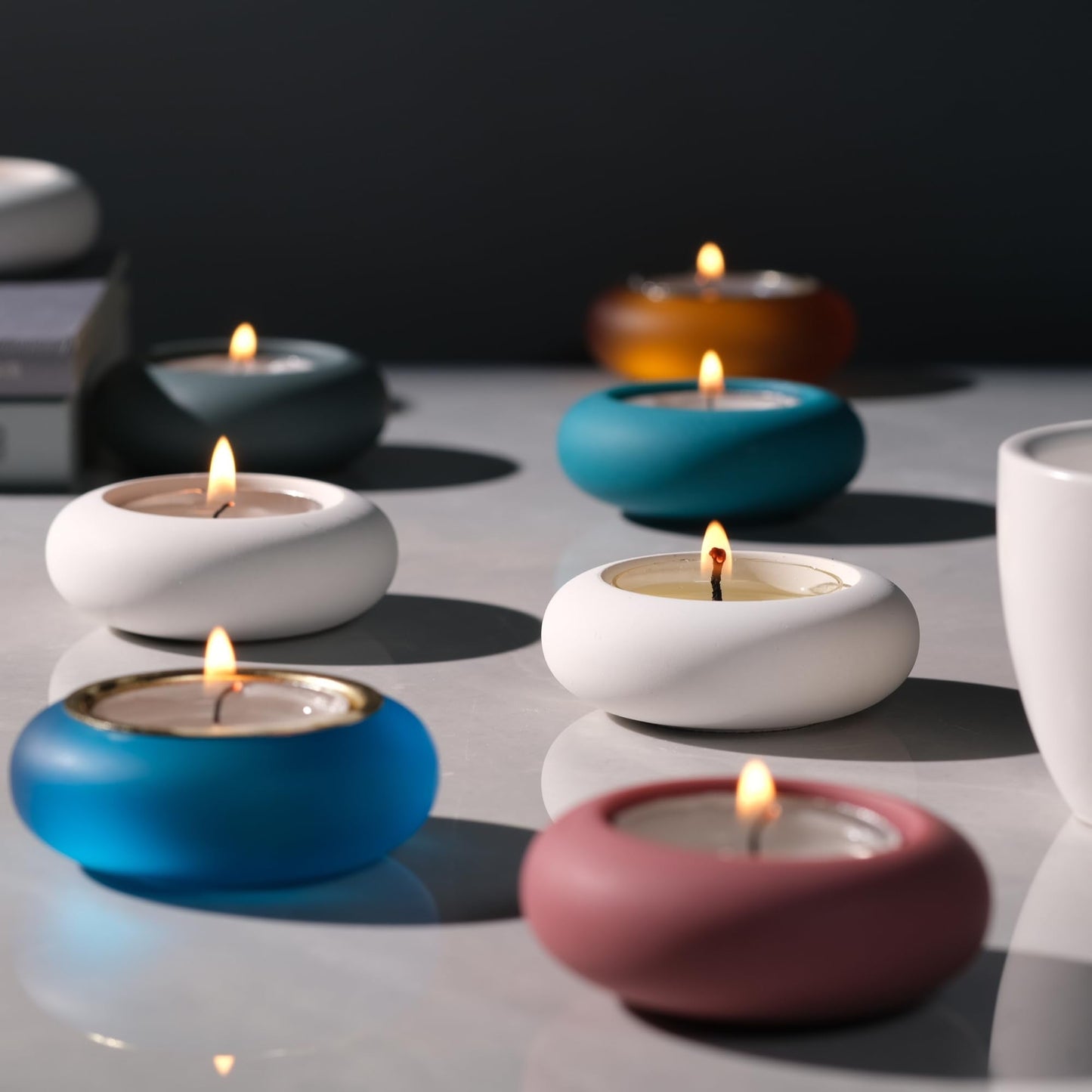 ICNBUYS Handmade Decorative Pebble Tealight Candle Holders Set of 2 - Handcrafted Home Decor Accent for Calming Earthy Aesthetic Cement White Diameter 2.6 inches