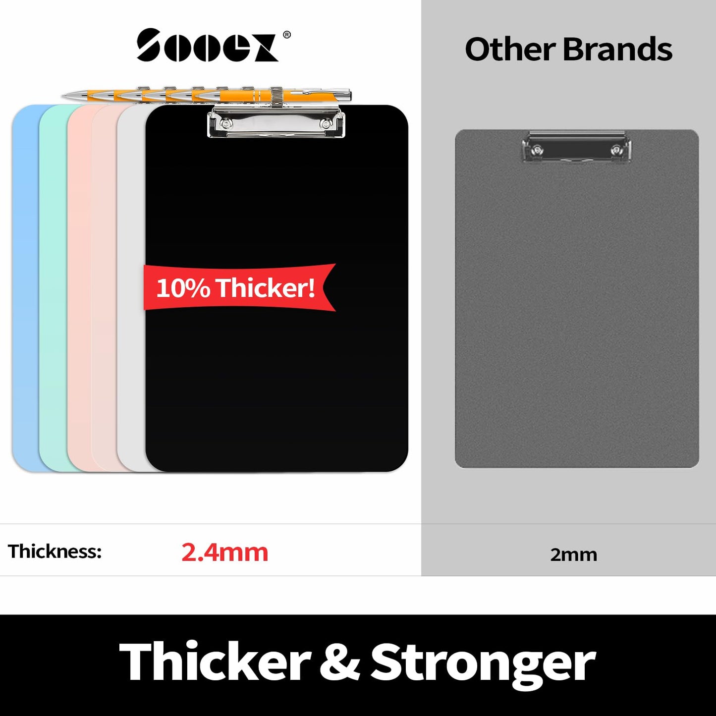Sooez Plastic Clipboard with Pen Holder, [10% Thicker] Clip Boards 8.5x11 with Low Profile Clip, Cute Hanging Clipboard, Standard Letter Size A4 for Women Teacher, Office & School Supplies