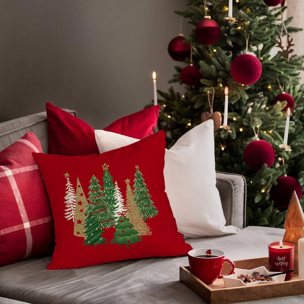 RABUSOFA Christmas Pillow Covers 18x18 Inch Tree Decorations Red Velvet Throw Pillow Cases Xmas Christmas Decor Winter Decorative Pillows for Couch Holiday Soft Gold