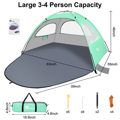 YITGOG Beach Tent Sun Shelter for 3-4 Person, Baby Beach Tent with UV Protection, 3 Mesh Roll Up Windows & 8.0mm Fiberglass, Easy Assemble (Green)