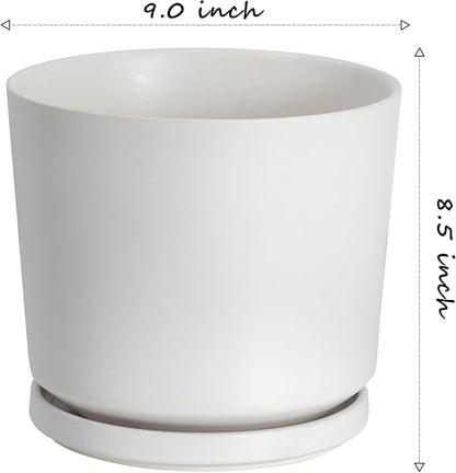 Ekirlin 9 inch Plant Pots,Ceramic Flower Planters Indoor,Modern Succulents Containers with Drain Hole Saucer,Decorate Home,Office & Outdoor (White)