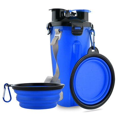 Dog Travel Water Bottle Collapsible Bowls, 2 in 1 Pet Food Container with Collapse Bowls, Outdoor Portable Water Bowls for Walking, Traveling, Camping and Hiking (Blue)