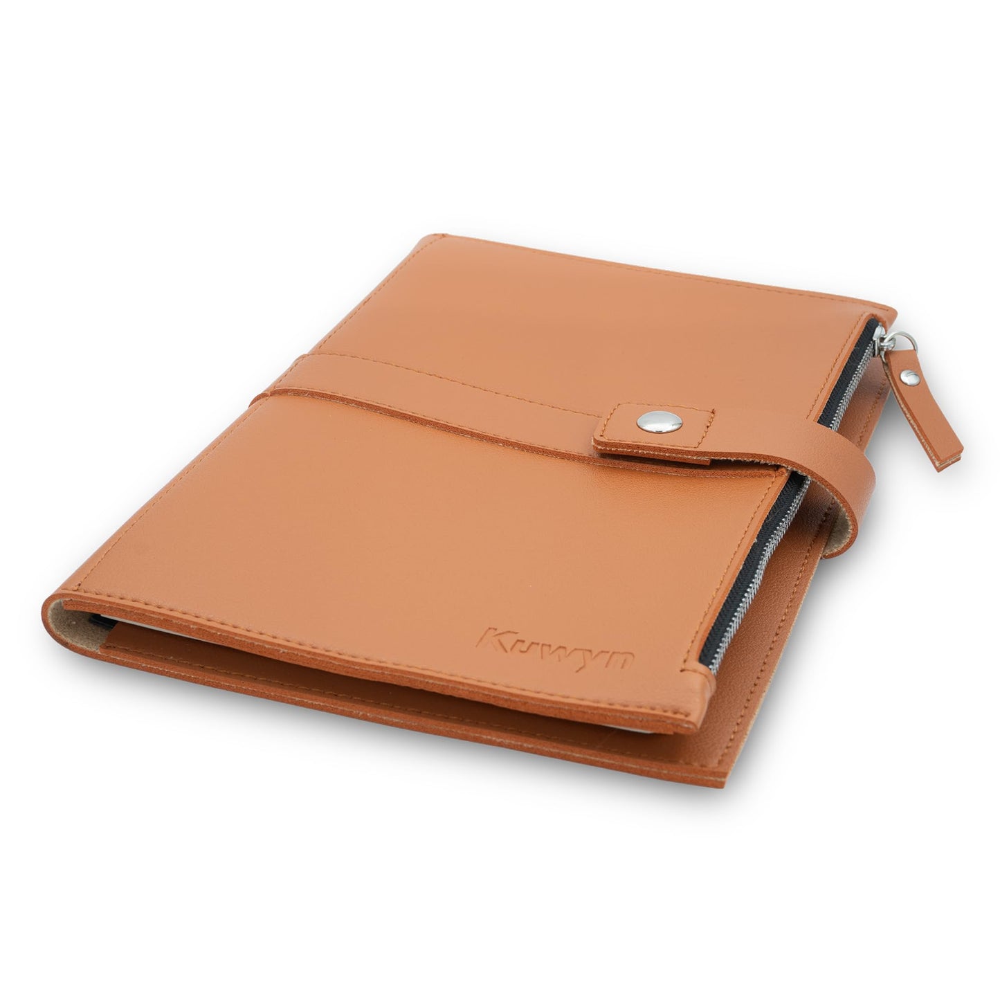 Kuwyn A5 Leather Sketchbook Cover with Zipper, Premium Camel Brown Vegan Leather (PU) Artist Journal Case, Protective Travel Portfolio for 5.5 x 8.5 Inch Notebooks, Professional Drawing Organizer.