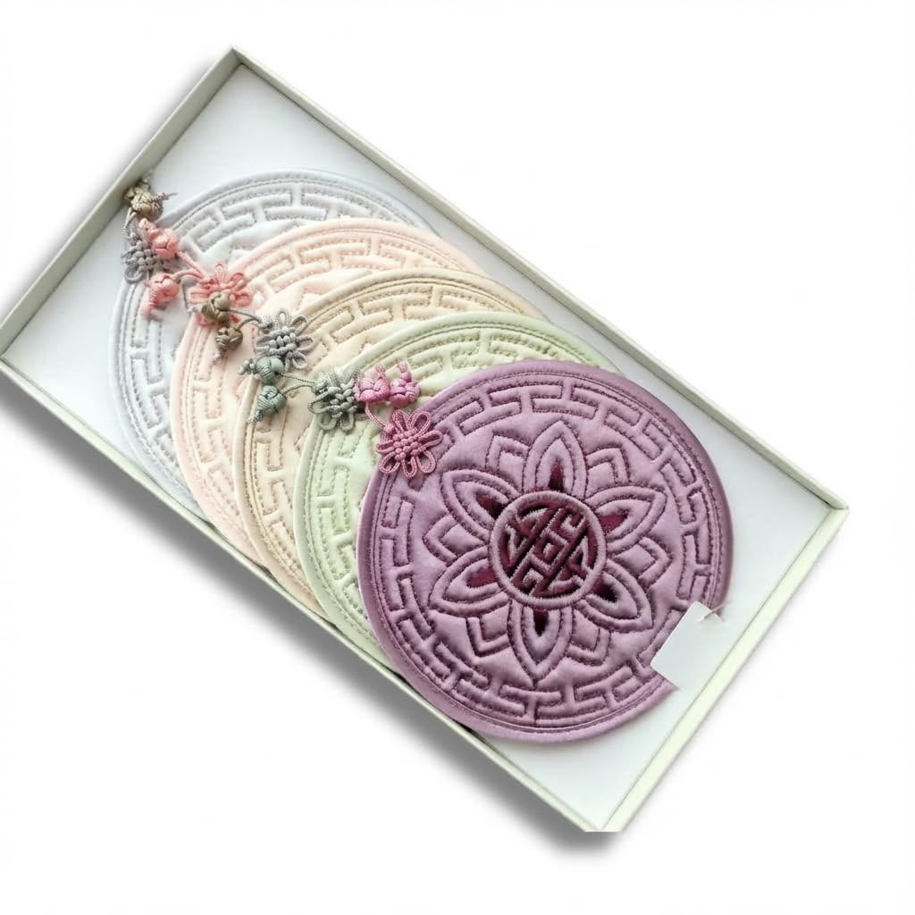 Korean Traditional Lotus Fabric Coasters Set of 5, Korean Fabric Coasters, Washable Fabric Coasters, Absorbent Drink Coasters, Round Tea Coasters for Drinks & Coffee Mug Cushion