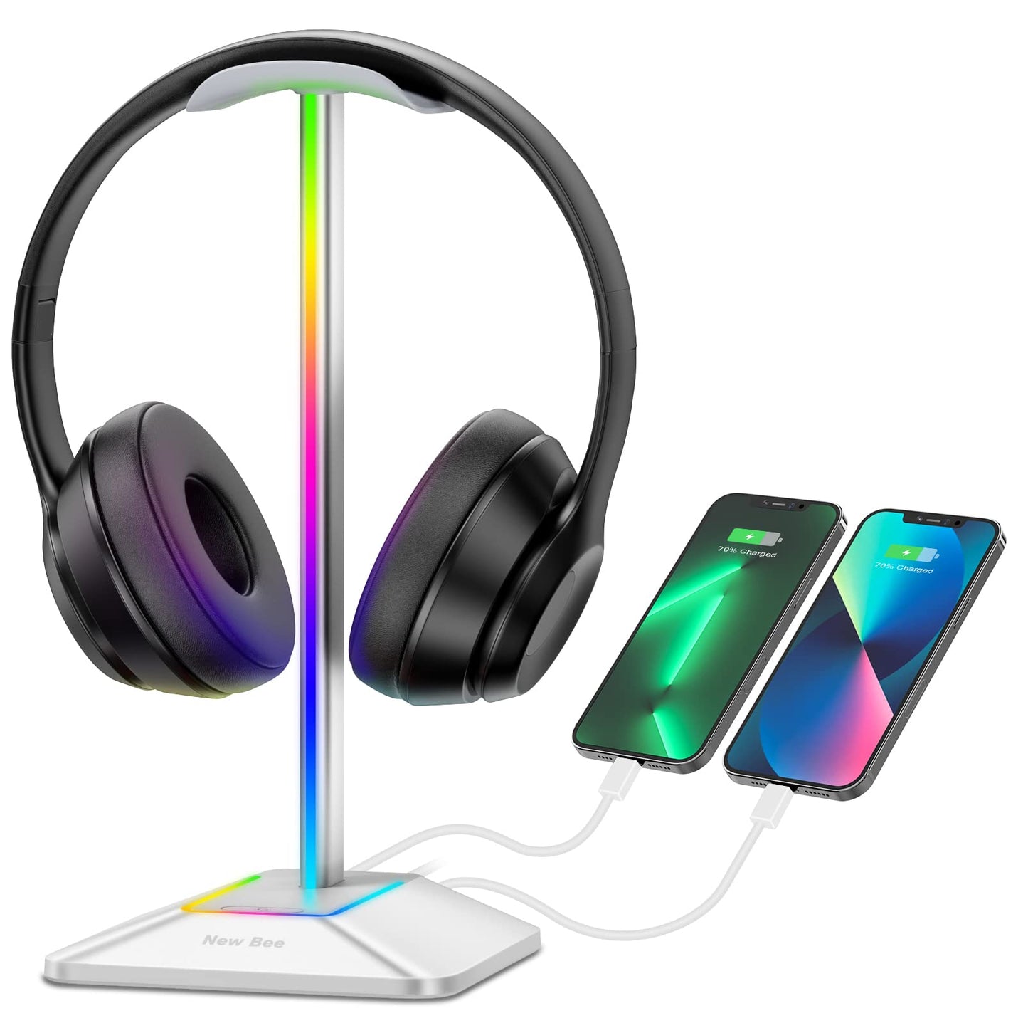 New Bee RGB Headphone Stand with 1 USB-C Charging Port and 1 USB Charging Port, Desk Gaming Headset Stand with 7 Light Modes and Non-Slip Rubber Base Suitable for All Earphone Accessories (Silver)