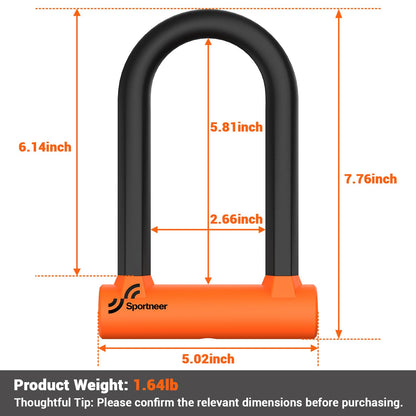 Sportneer Bike U Lock - Heavy Duty Anti Theft Bike Lock with 5ft Security Steel Cable - 17mm Shackle Bicycle U-Locks with Keys & Sturdy Mounting Bracket for Road, Mountain, Electric Bike - Orange
