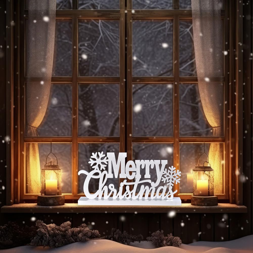 Wooden Merry Christmas Tabletop Decor, Elegant Wood Cutout with Glitter, Wooden Xmas Table Sign, Christmas Centerpiece for Xmas Party Decor for Table Tiered Tray Mantel (White)