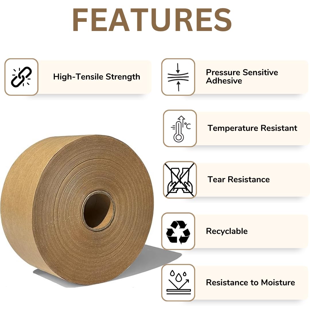 3'' x 492 Feet (150M) Reinforced Water Activated Gummed Kraft Paper Tape, for Heavy Duty Secure Packing Shipping, Tamper Evident Gummed Tape, Brown - 10 Rolls