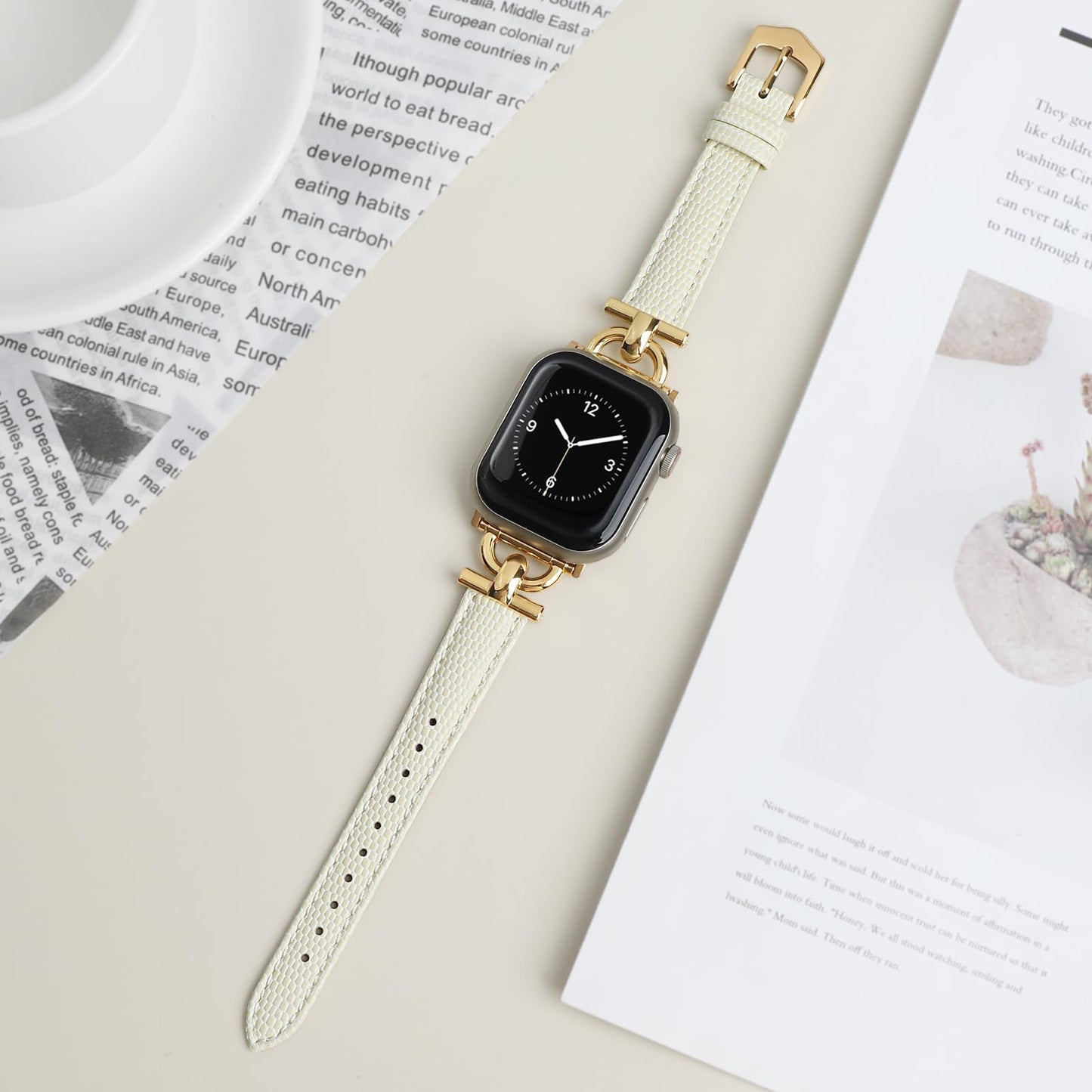 Leather Band Compatible with Apple Watch Bands for Women, Dressy Fancy Strap for iWatch Series 11/10/9/8/7/6/5/4/3/2/1/se(38mm 40mm 41mm 42mm,Milky White/Gold)