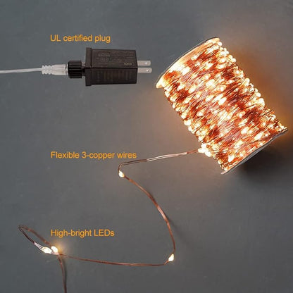 200FT Warm White Plug in Fairy Lights 600 LED Waterproof Copper Wire String Lights with Remote for Christmas Tree Bedroom Porch Patio Garden Wedding Party