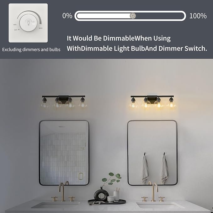 4-Light Bathroom Vanity Light, Matte Black Wall Sconce with Hand-Crafted Thick Glass Shades, High Transparency & Few Flaws, Perfect for Mirror, Bedroom, Hallway
