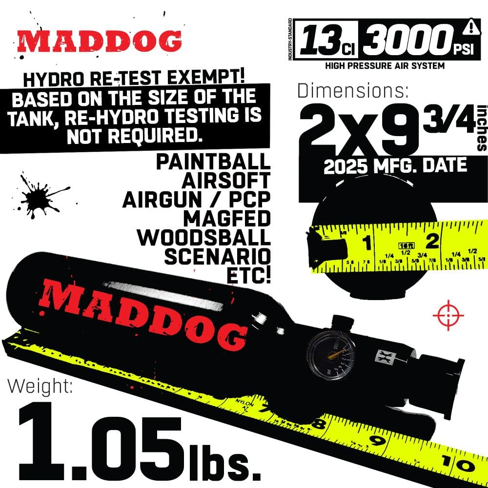 Maddog 13ci/3000psi Aluminum Compressed Air HPA Paintball Tank with Regulator - Hydro Cycle Exempt - Refillable Tank Ships Empty - 3 Pack