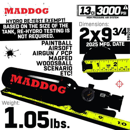 Maddog 13ci/3000psi Aluminum Compressed Air HPA Paintball Tank with Regulator - Hydro Cycle Exempt - Refillable Tank Ships Empty - 3 Pack