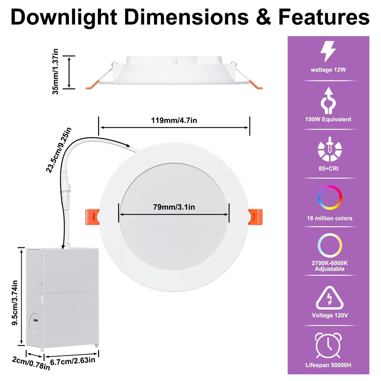 SikSog Smart Recessed Lighting 4 Inch RGBCW Color Changing 12W LED Downlight with Junction Box,1080 Lumen Recessed Ceiling Light Compatible with Alexa,Dimmable by Bluetooth Control -12Pack