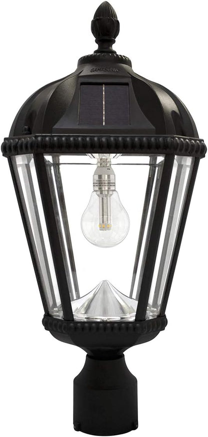 Gama Sonic Outdoor Solar Post Light, Black Aluminum, Royal Bulb, Rain Water Glass, Single Lamp with 3-inch Fitter for Lamp Posts Warm White LED, 98B012 (Upgraded Panel and Battery)