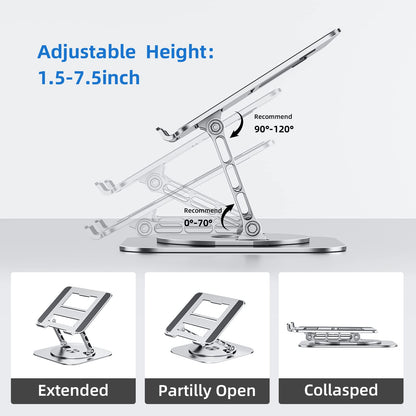 MCHOSE Adjustable Laptop Stand for Desk, Ergonomic Laptop Riser with 360° Rotating Base, Foldable Notebook Computer Holder Stand Compatible with MacBook Air Pro, Dell XPS, More 10-15" Laptops, Silver