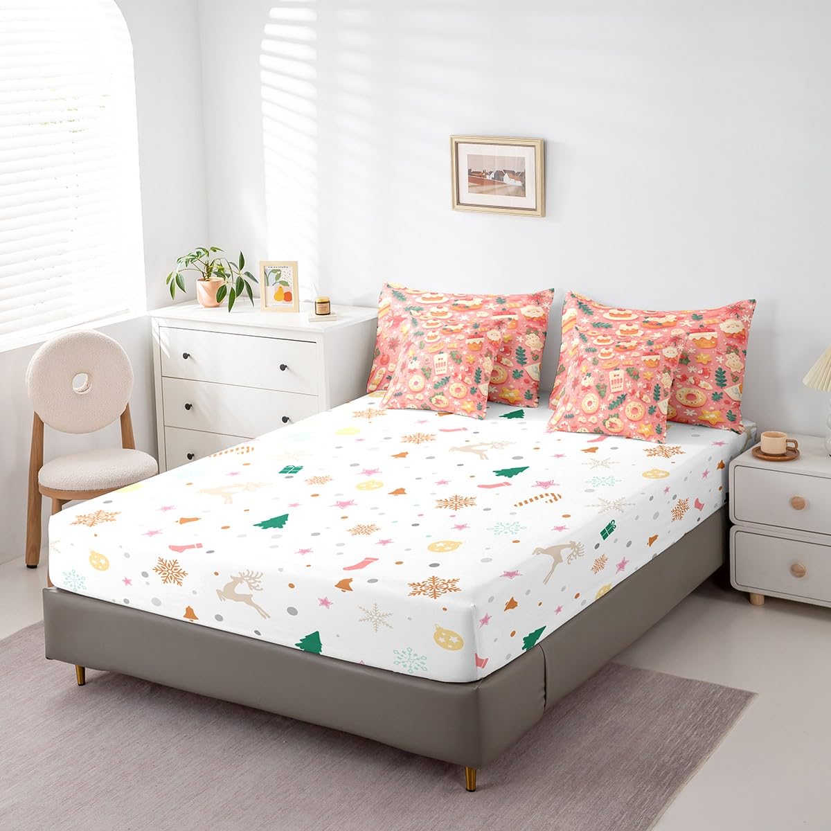 Manfei Xmas Donut 7 Pieces Comforter Set Full,Cute Cookies Desert Theme Bedding Set for Bedroom Decor,Merry Christmas（Comforter+Fitted+Flat Sheet+2 Pillowcases+2 Throw Pillow Covers）