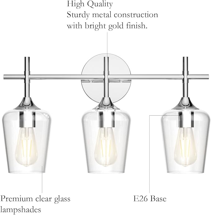 Ralbay Vintage 3 Light Vanity Light Fixture Industrial Chrome Bathroom Light Fixtures Over Mirror Clear Glass Chrome Vanity Light for Bathroom Wall Lighting Fixtures Over Mirror