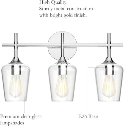 Ralbay Vintage 3 Light Vanity Light Fixture Industrial Chrome Bathroom Light Fixtures Over Mirror Clear Glass Chrome Vanity Light for Bathroom Wall Lighting Fixtures Over Mirror