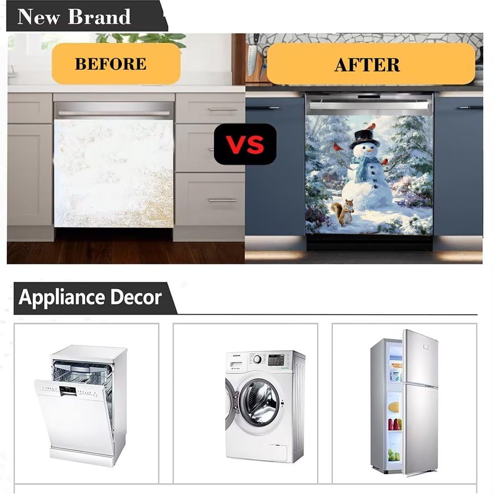 Dishwasher Magnet Cover, Snowman Dishwasher Magnetic Decorative, Winter Snow Dishwasher Magnet Covers for Front, Xmas Tree Refrigerator Magnets Sticker for Home Kitchen Decor, 23"x26"