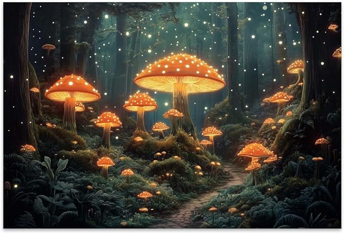 Yesad Mushroom Forest Canvas Wall Art Print, Mushroom Décor Magical Forest Pictures Enchanted Forest Décor Magic Mushrooms Botanical Art Farmhouse Living Room Wall Décor (Unframed,36”x24”,Mushroom)