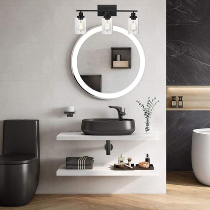 MELUCEE Bathroom Vanity Light Fixtures 24 Inches Length 3 Lights Wall Sconce Black with Clear Glass Shade for Bedroom Living Room Hallway Kitchen (Patent No.: US D963914 S)