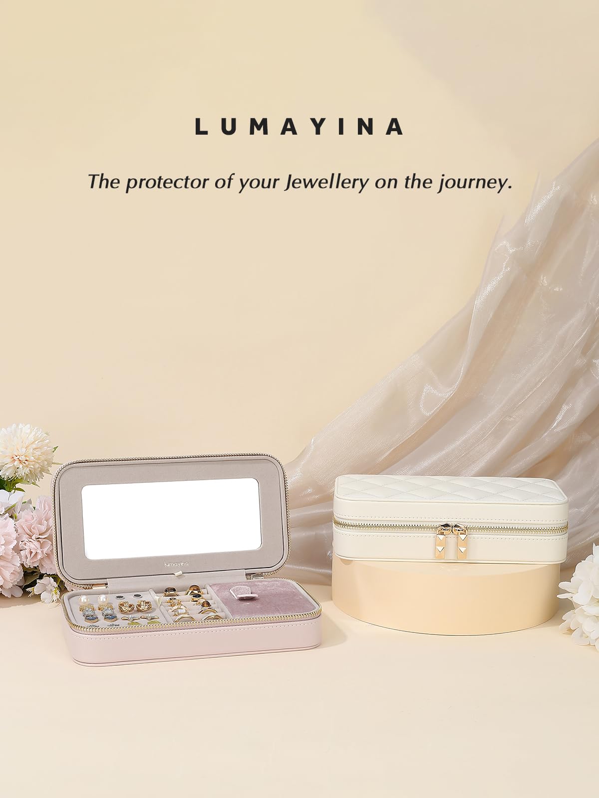 Lumayina Travel Jewelry Case with Mirror, Quilted Small Jewelry Box Organizer for Women Girls, Portable Earring Necklace Bracelet Ring Holder Storage for Travel Weekend Trips (Beige)