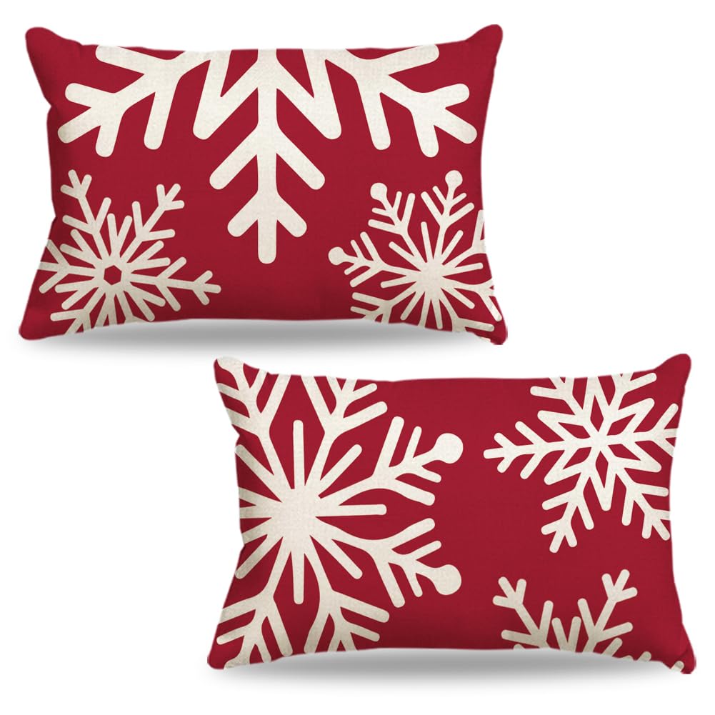 CARRIE HOME Red Christmas Snowflake Lumbar Pillow Covers 12x20 Set of 2, 12 x 20 Red and White Winter Holiday Throw Pillow Covers, Outdoor Rectangle Christmas Pillows for Porch (No Pillow Inserts)