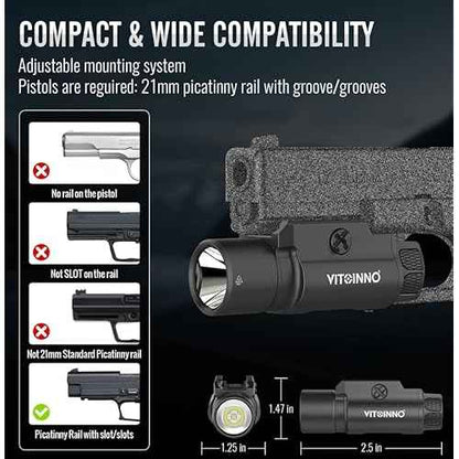 1750 Lumen Tactical Flashlight with Bottom Moonlight lamp, Rechargeable Pistol Light with Strobe/Momentary Compatible with Picatinny Rail