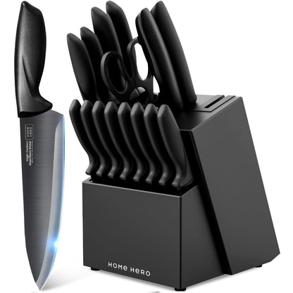 Home Hero Kitchen Knife Set with Sharpener - High Carbon Stainless Steel Knife Block Set with Ergonomic Handles (20 Pcs - Acrylic Black)