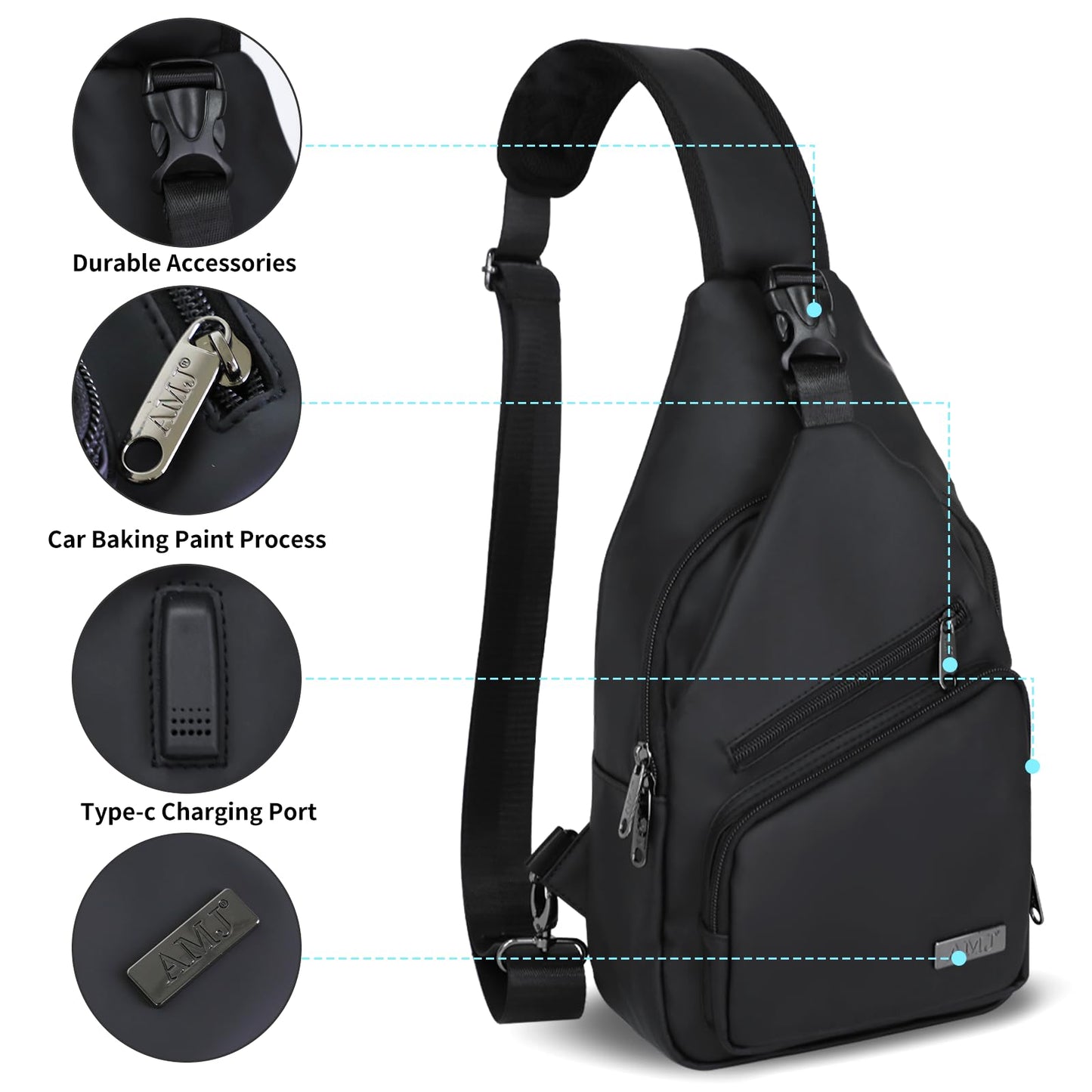 AMJ Crossbody Sling Bag Men Women, Casual Shoulder Backpack, Chest Daypack Satchel for Hiking Travel (Black Leather, Small)