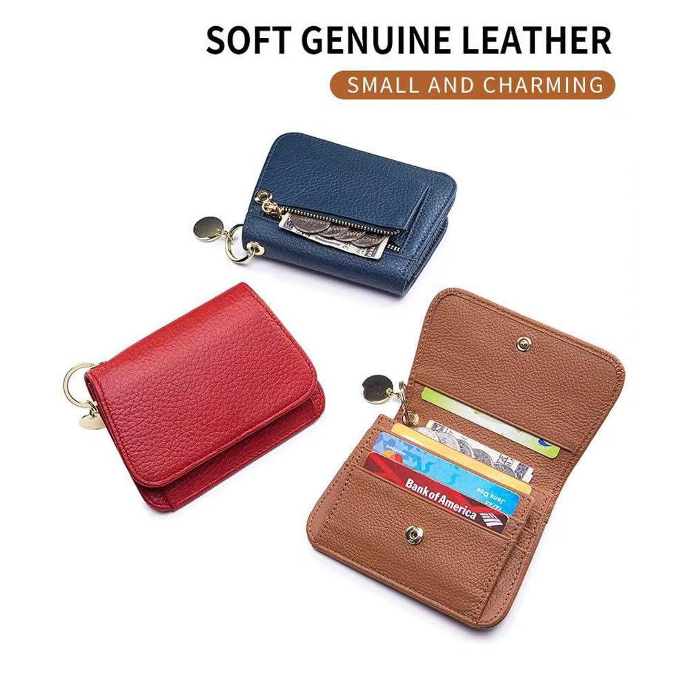 IDIDG Small Wallet for Women RFID Blocking Genuine Leather Slim Keychain Wallet Tri-Fold Card Case with Coin Pocket(Brown)