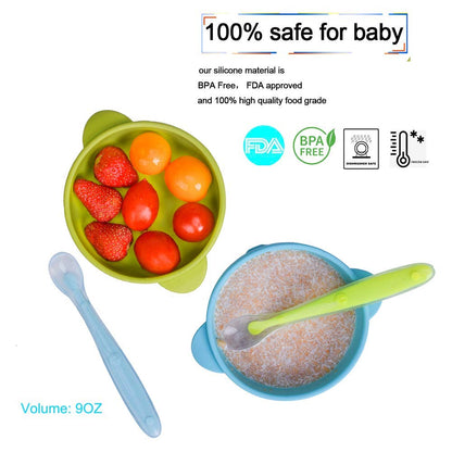 KingKam 2 Pack Baby Bowls with Suction, Silicone Stay up Baby Bowl for Kids and Toddlers, Silicone Bowls and Spoons for Baby Toddler Bowls, Baby Feeding Bowls Set - Blue/Green