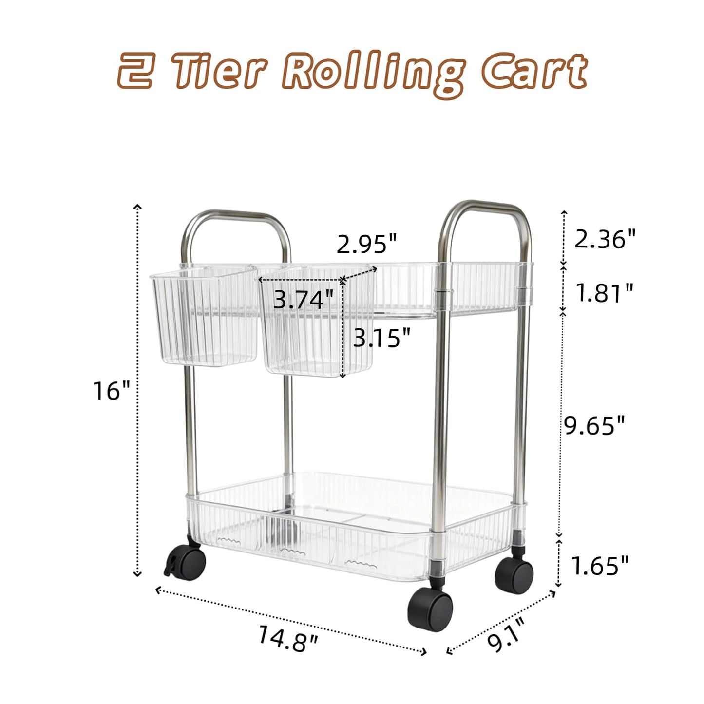 Ufriandz 2 Tier Utility Rolling Cart with Wheels Sofa Side Table Small Under Desk Storage Organizer, Clear Acrylic Plastic Mobile Trolley Organization Storage Cart for Kitchen Pantry Bathroom Vanity