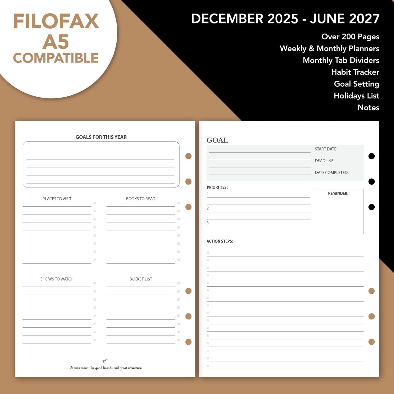 Wanderings A5 Leather Binder Planner - Refillable 6 Ring Journal with Inner Pockets - Hand-Crafted Genuine Leather Organizer- Filofax Compatible. 2026/27 Monthly Weekly Calendar with Notes - 6" x 8.5"