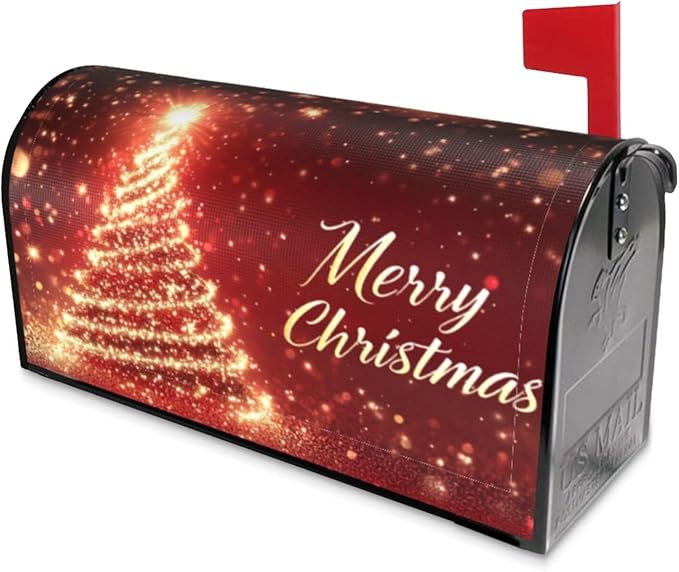 Festive Magnetic Mailbox Cover Red Pine Tree Christmas Pattern Outdoor Mailbox Protector Holiday Seasonal Decorative Garden Yard Home Standard Size 21 x 18 Inch
